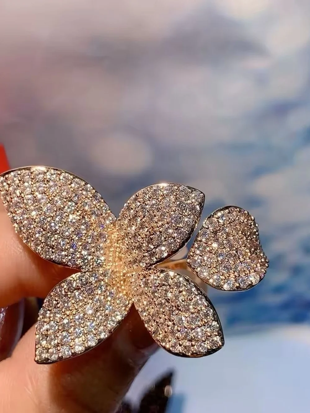 Gold Pavé Crystal Flower Statement Ring Oversized Floral Ring